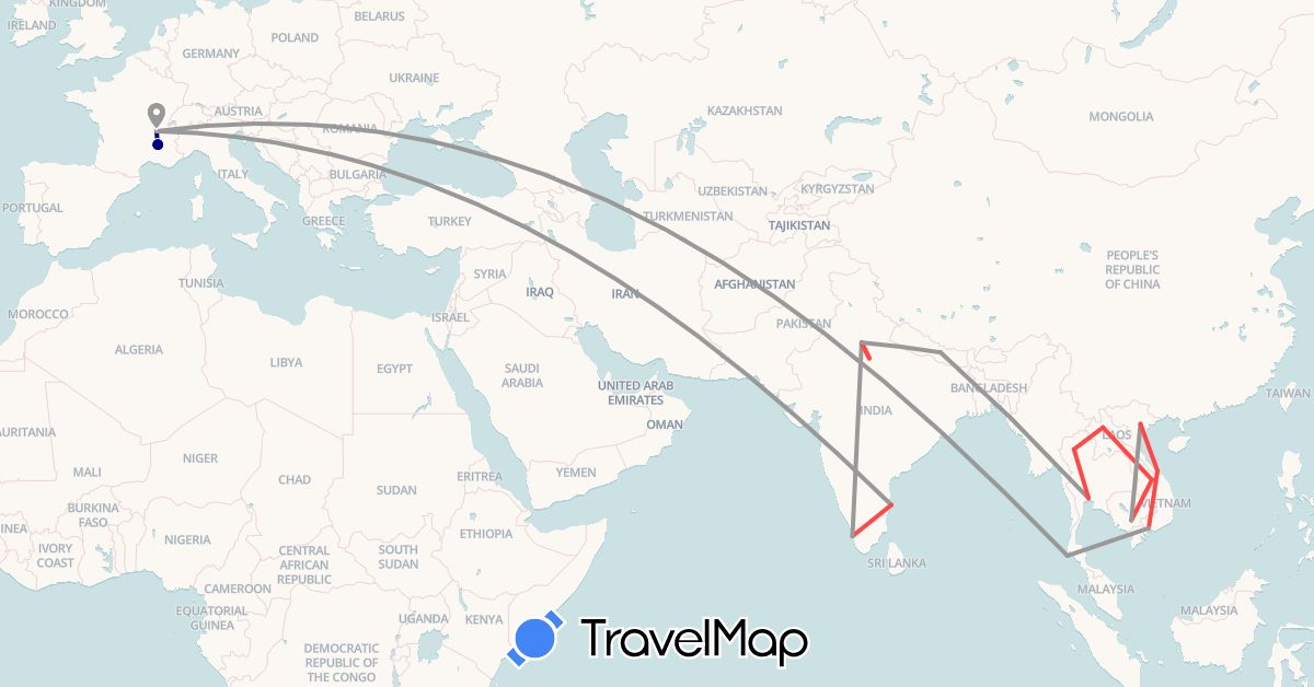 TravelMap itinerary: driving, plane, hiking in France, India, Cambodia, Laos, Nepal, Thailand, Vietnam (Asia, Europe)